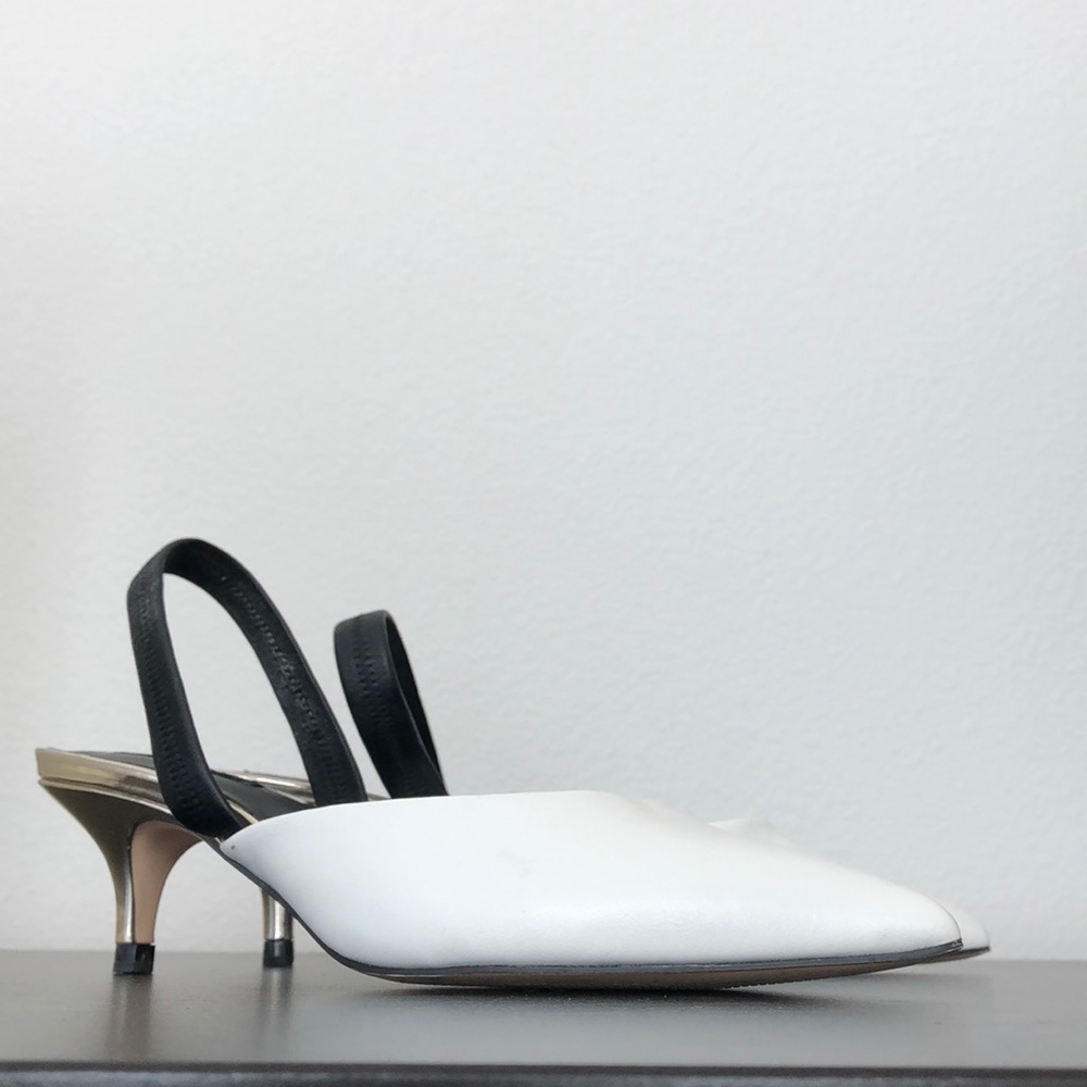 ZARA metallic slingbacks.  Size 36. White/Gold/Blk